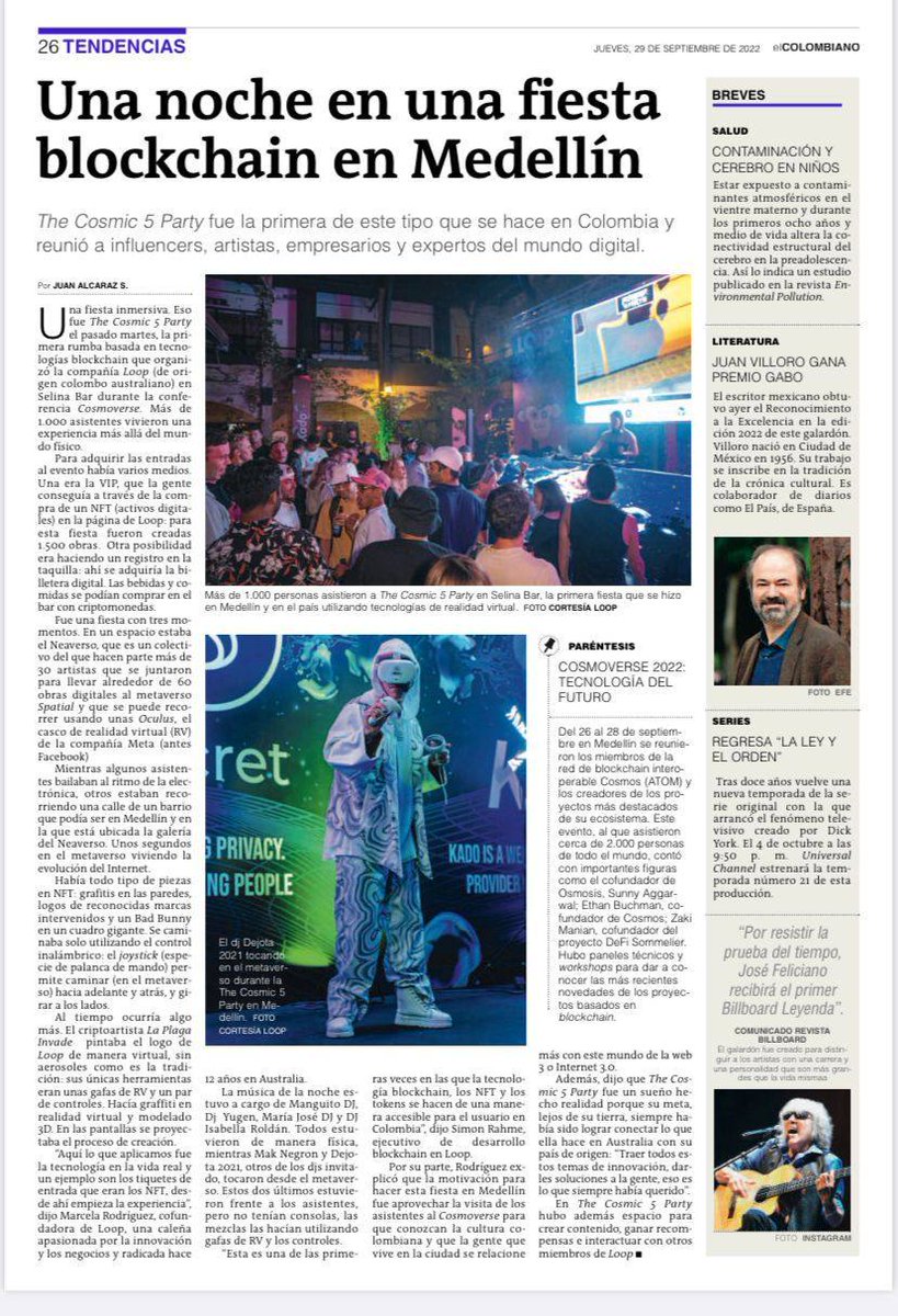 loopfans's tweet photo. The Loop, @scrt_foundation @kado_money @WhiteWhaleDefi @OniValidator @CosmoverseHQ party made front page news in the top media news outlet in Medellin, a newspaper with national readership. 

Here's the online version for those of you interested:
https://t.co/eBBawcvGNb https://t.co/ICAabffnli