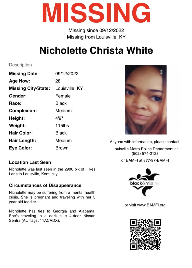 BAM_FI's tweet photo. #Louisville, KY: 28y/o Nicholette last seen in the 2900 blk of Hikes Lane.  Nicholette may be suffering from a mental health crisis. She is pregnant and traveling with her 3 year old son in a dark blue 4-door Nissan Sentra (AL Tags: 11ACADX).

#HelpUsFindNicholette https://t.co/sFhN4EMpQ5