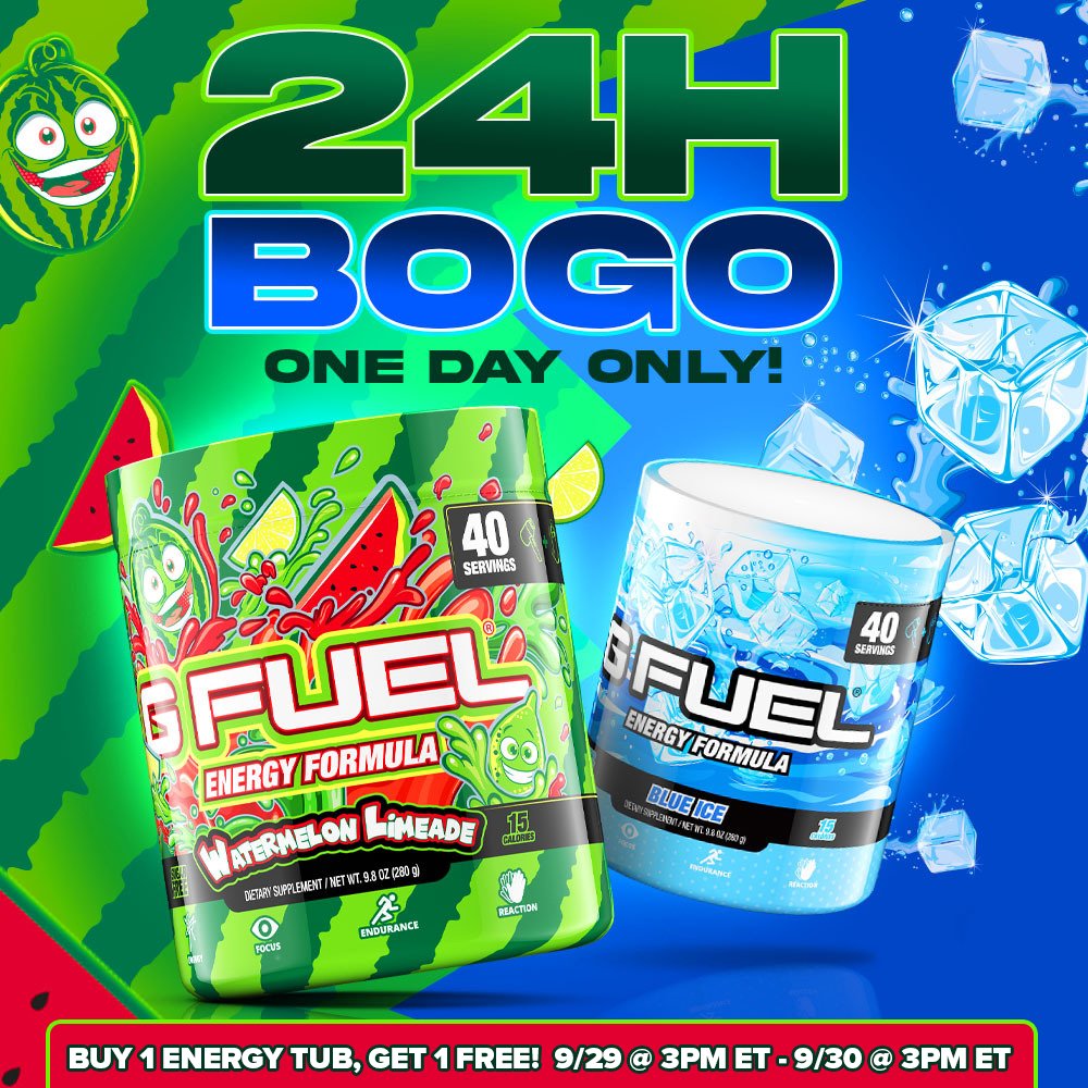 G FUELยฎ (@gfuelenergy) on Twitter photo ๐ ๐๐๐๐ + ๐ฅ๐ง to win 2 #GFUEL TUBS OF YOUR CHOICE!!! Picking 2 winners tomorrow bc we're running our FIRST EVER ๐ฎ๐ฐ ๐๐ข๐จ๐ฅ ๐๐ข๐๐ข ๐ฆ๐๐๐!!!
โ
Buy 1, Get 1 Free!
โ
Mix n' Match Flavors!
โ
BOGO Ends at 3pm ET Tomorrow!
๐๏ธ ๐ฆ๐๐ข๐ฃ: GFUEL.ly/24-hour-bogo-tw ๐ ๐๐๐๐ + ๐ฅ๐ง to win 2 #GFUEL TUBS OF YOUR CHOICE!!! Picking 2 winners tomorrow bc we're running our FIRST EVER ๐ฎ๐ฐ ๐๐ข๐จ๐ฅ ๐๐ข๐๐ข ๐ฆ๐๐๐!!!
โ
Buy 1, Get 1 Free!
โ
Mix n' Match Flavors!
โ
BOGO Ends at 3pm ET Tomorrow!
๐๏ธ ๐ฆ๐๐ข๐ฃ: GFUEL.ly/24-hour-bogo-tw