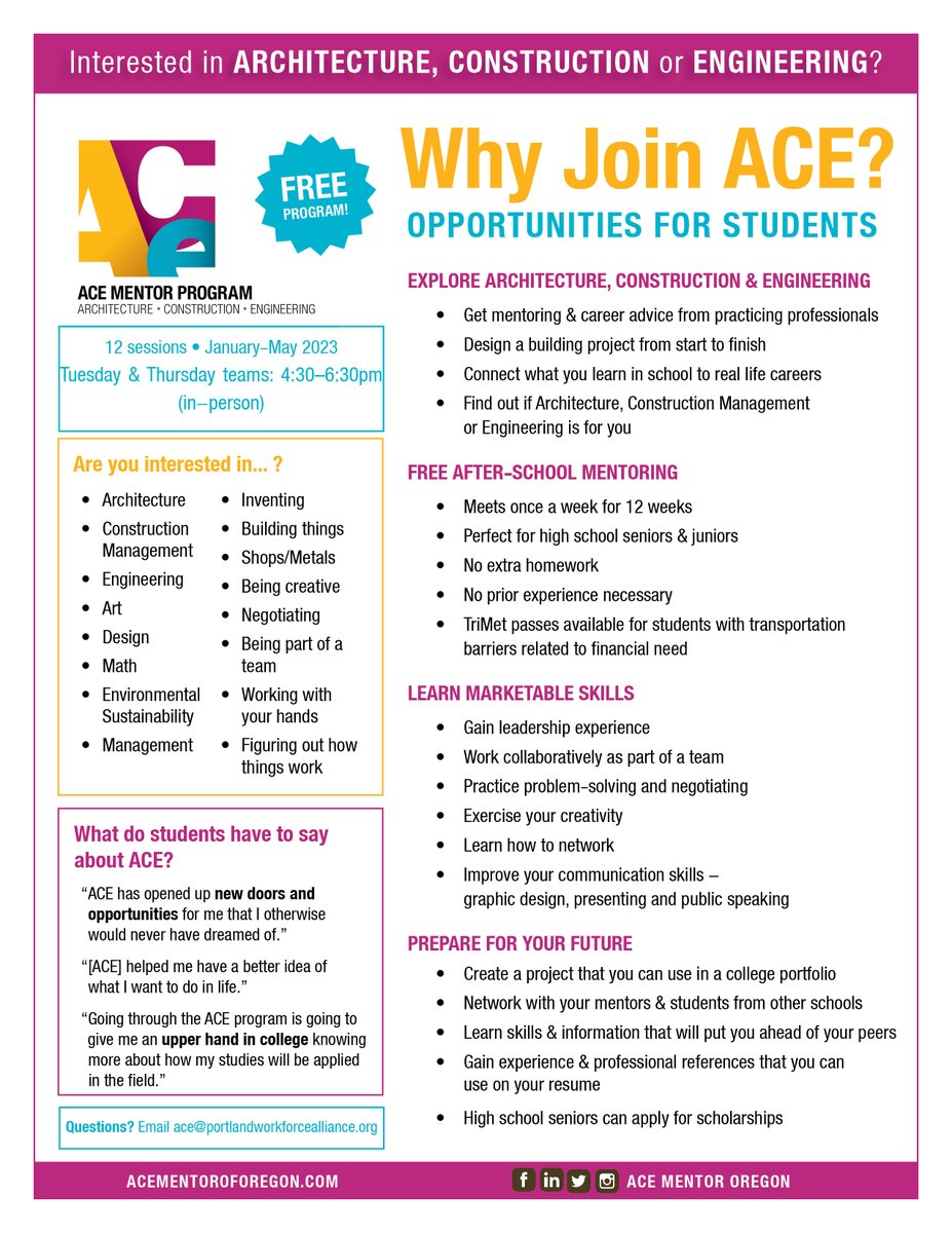 Exciting news! The 2022-23 ACE Mentor Program has launched! Check out the flyer below and sign up for a student/family info on the website! acementoroforegon.com/students.html