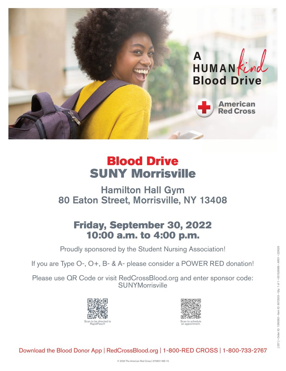 Our Student Nurses Association has partnered with the American Red Cross to host a Blood Drive this Friday, Sept. 30, from 10am-4pm. Appointments can be made online, walk-ins also welcome. To learn more or schedule a time, please scan the QR code or visit bit.ly/3rgAQA6