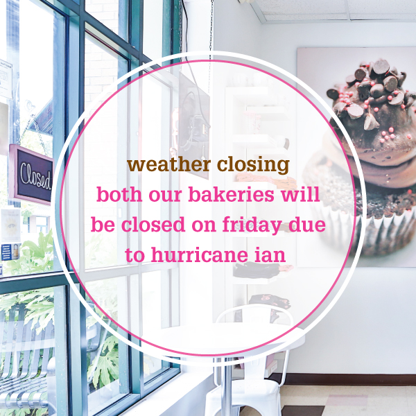 freshcupcakes's tweet photo. CLOSED TOMORROW :: With #CHS and #COLA  projected to be in the path of #HurricaneIan tomorrow, both our bakeries will be closed. We say: don't let Ian feel like an eon! Come in &amp; grab your cupcakes today, and pass this storm as pleasantly as possible #IanGoAway https://t.co/RgJ5woQlOD