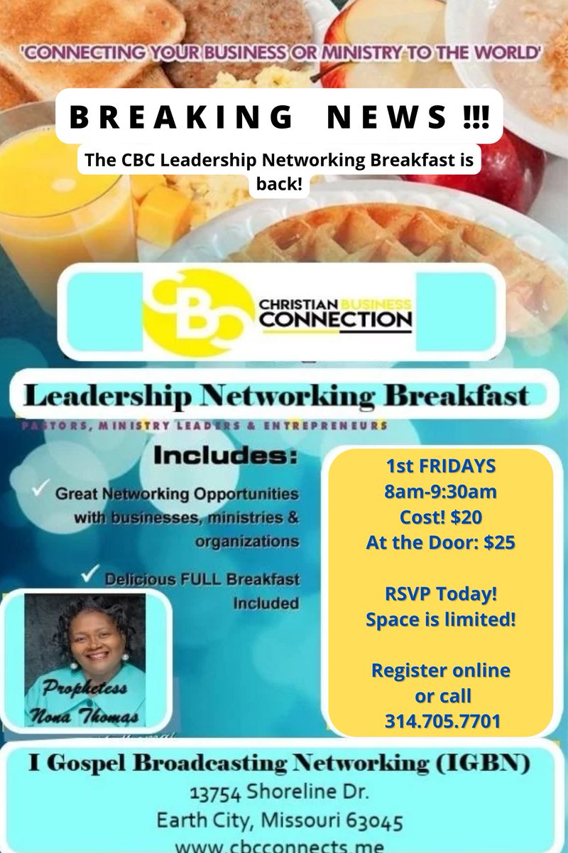 thecbconnection's tweet photo. Let's do Breakfast! It's so much more fun together. Friday, October 7th from 8am to 9:30a at IGBN in Earth City, Missouri. Yes! RSVP! Visit https://t.co/DQaHHBDcY4 to RSVP. See ya! https://t.co/4r4QdTpfB6