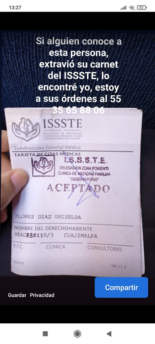 MrKRT82's tweet photo. Por favor ayudenme con un retweet, encontré este carnet de ISSSTE a nombre de GRISELDA FLORES DIAZ, viene número para contacto.
C.c. @AdrianRubalcava @IvanNavaMx @DrNetas @szurita @Issste_mx @ISSSTE_Salud @usuarios_issste https://t.co/Nr7HWeHH4F