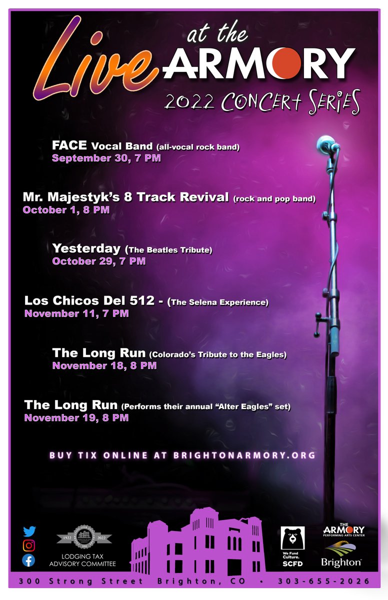 CityofBrighton's tweet photo. The Live At The Armory 2022 Concert Series is winding down 🎙️ Join us as the final fall concerts kick off this Friday, September 30 with a performance by Face Vocal Band. Reserve your tickets today  - Details: https://t.co/iMK6LpLi15 #brightonco https://t.co/EChYFO3rX7