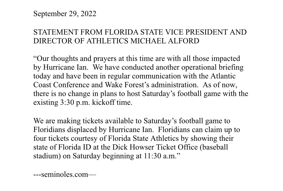 Thursday update from ⁦@SeminoleAlford⁩. See y’all Saturday #NoleFamily