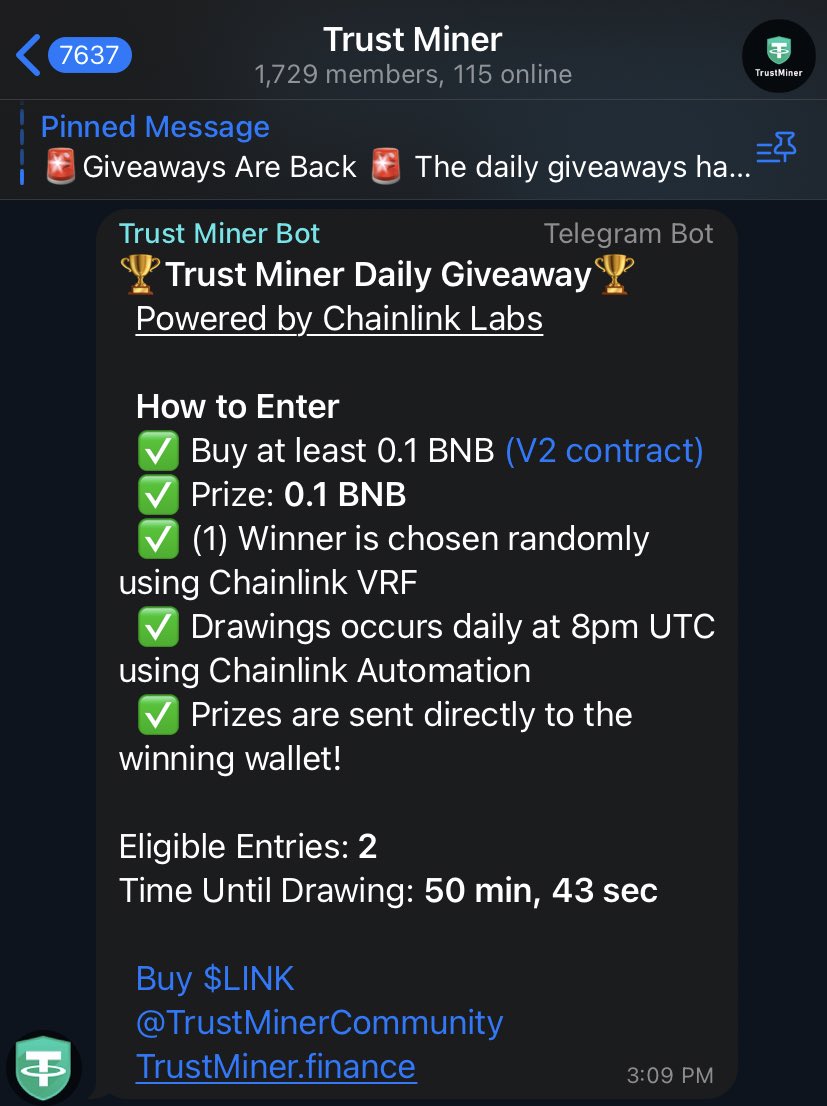 Trust_Miner's tweet photo. 🚨The daily giveaways are back and better than ever!🚨

Buy at least 0.1 BNB from the V2 contract and be eligible to win 0.1 BNB.

The next giveaway is in less than an hour. Join our telegram group to see if you’ve won! 🏆🏆🏆

https://t.co/lkHXuEqVMd
https://t.co/WfHR2f8932 https://t.co/1BtVf9Da7V