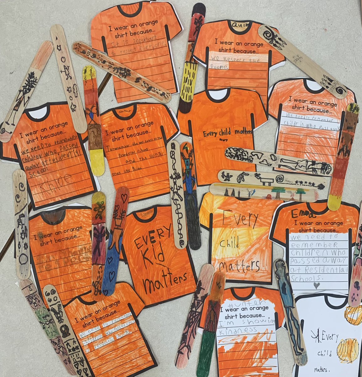 Remembering why we wear orange shirts today in 3 Walker. Students also created talking pieces inspired by Mi’kmaq artist Alan Syliboy. We will use these talking pieces during our circles throughout the month of October.