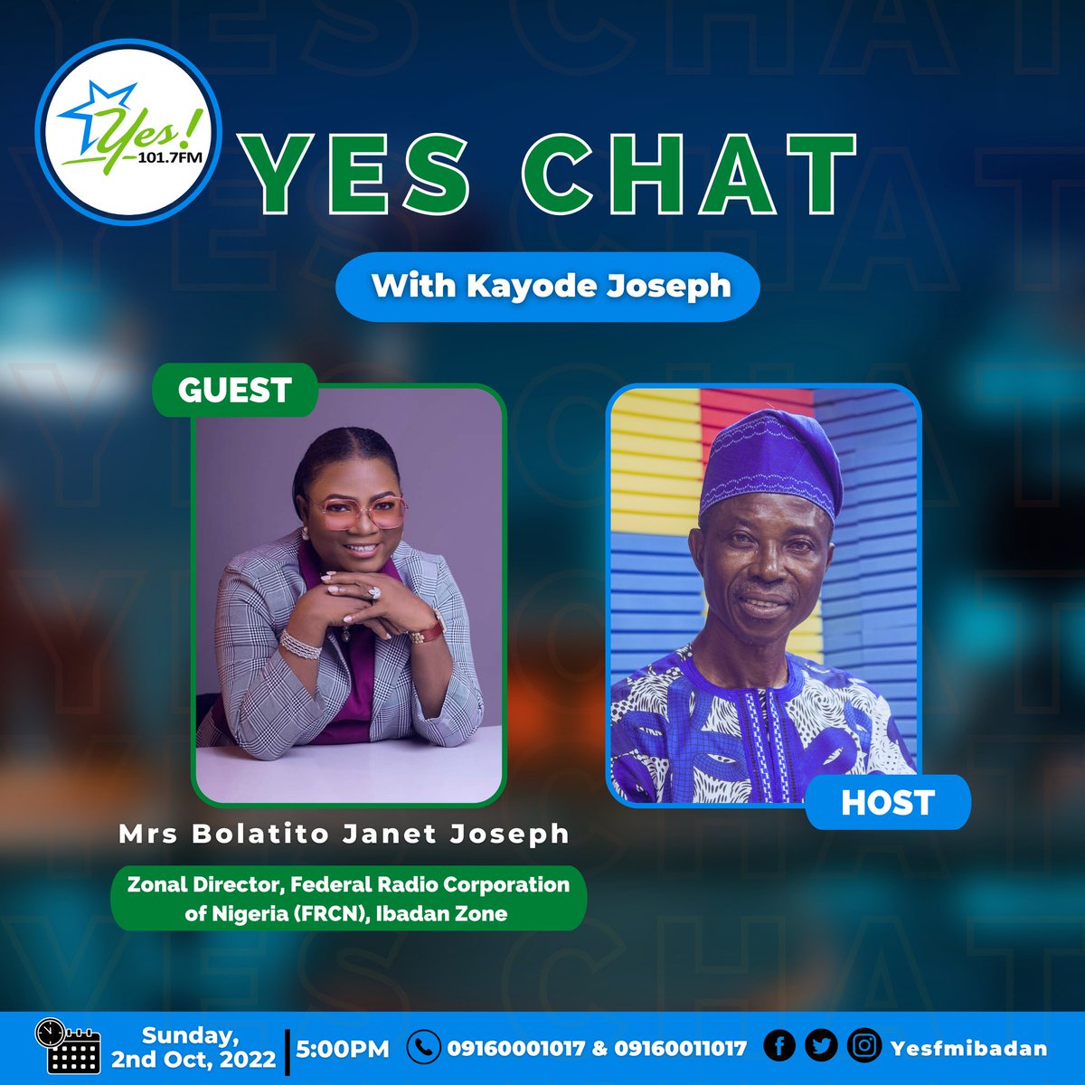 YesFMIbadan's tweet photo. Mrs Bolatito Janet Joseph, Zonal Director, Ibadan FRCN is our guest on #YesChat this Sunday
Join Kayode Joseph for another interesting edition of the show
Tune in by 5:00pm
Join the conversation:
☎️: 09060001017
Watch live via Facebook livestream
#JustSayYes https://t.co/wUMWdOpB54