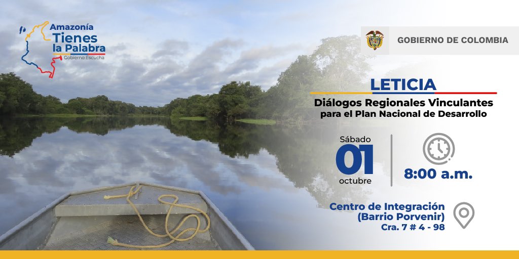 Estamos construyendo el Plan Nacional de Desarrollo, por eso este 1 de octubre #AmazoníaTienesLaPalabra quiero invitar a todos los ciudadanos de la Amazonía a participar en los Diálogos Regionales Vinculantes ¡Inscríbete!
🔗bit.ly/3f4Ot2B        #ColombiaTienesLaPalabra