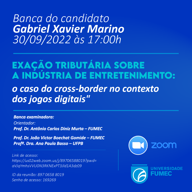 fumec's tweet photo. Amanhã, 30/09, você terá a oportunidade única de assistir a banca examinadora "Exação tributária sobre a indústria de entretenimento: o caso do cross-border no contexto dos jogos digitais", do estudante Gabriel Xavier Marino, do Mestrado.

Acesse: https://t.co/T0wNCsOVDz https://t.co/UoMbYzXxZA
