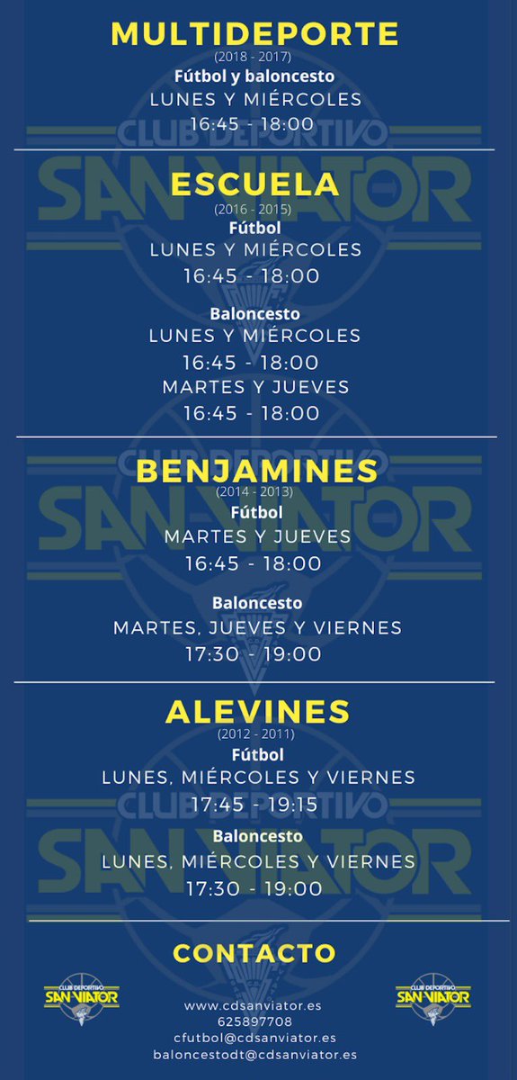 Os dejamos los días y horas de nuestros peques del club,cualquier duda puedes llamar o escribir por WhatsApp al 625 897 708 o escribir al directortecnico@cdsanviator.es
<a href="/cole_SanViator/">Colegio San Viator</a> 
<a href="/SanViatorAmpa/">AMPA San Viator</a> 
<a href="/FutMadrid/">futmadrid ®</a> 
<a href="/ForoFutbolBase/">Fútbol Base Madrid</a> 
<a href="/RFFM_oficial/">RFFM</a> 
<a href="/FBMadrid/">Fed. Bcto. de Madrid</a> 
<a href="/jmd_usera/">Distrito de Usera</a> 
<a href="/InfoUsera/">infoUsera 🗞️</a>