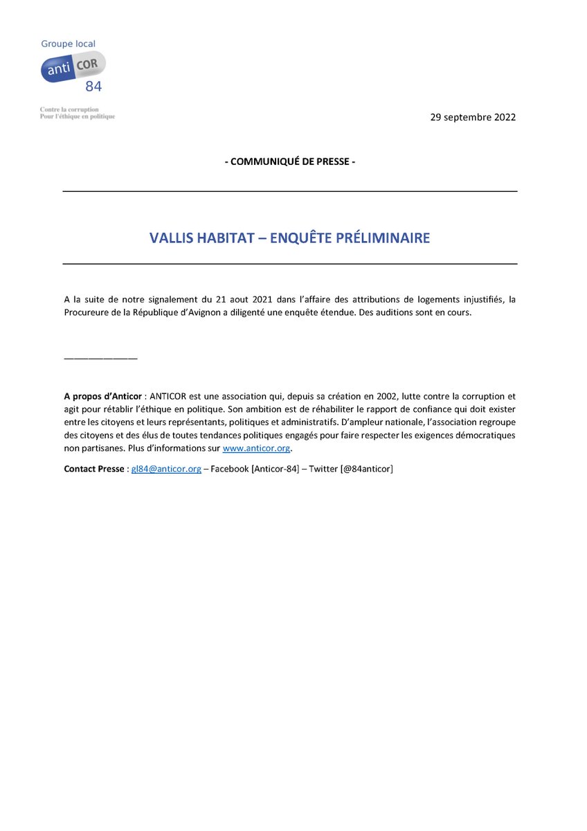 84Anticor's tweet photo. VALLIS HABITAT – ENQUÊTE PRÉLIMINAIRE https://t.co/PWnMMyYR7S