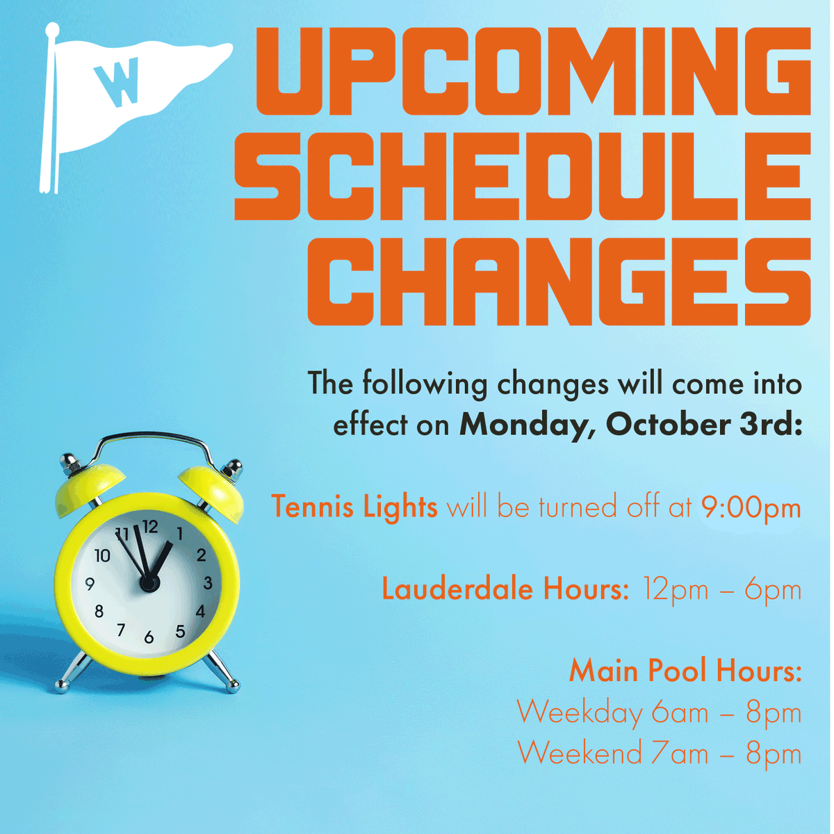 Small changes to the schedule! Please note the closing time for the pools is now 8pm, and the tennis court lights will be turned off at 9pm
