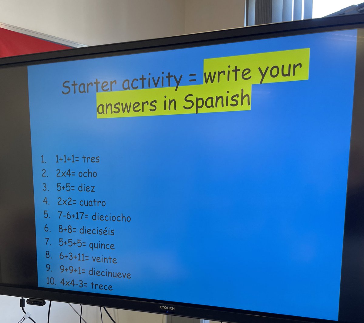 MissStephenso17's tweet photo. It’s #MathsWeekScotland so we decided to revise our numbers as a starter activity mixing sums with Spanish! 😊🇪🇸 @SL_TrinityHS @SL_THS_Maths https://t.co/gvb1A9ZBeI