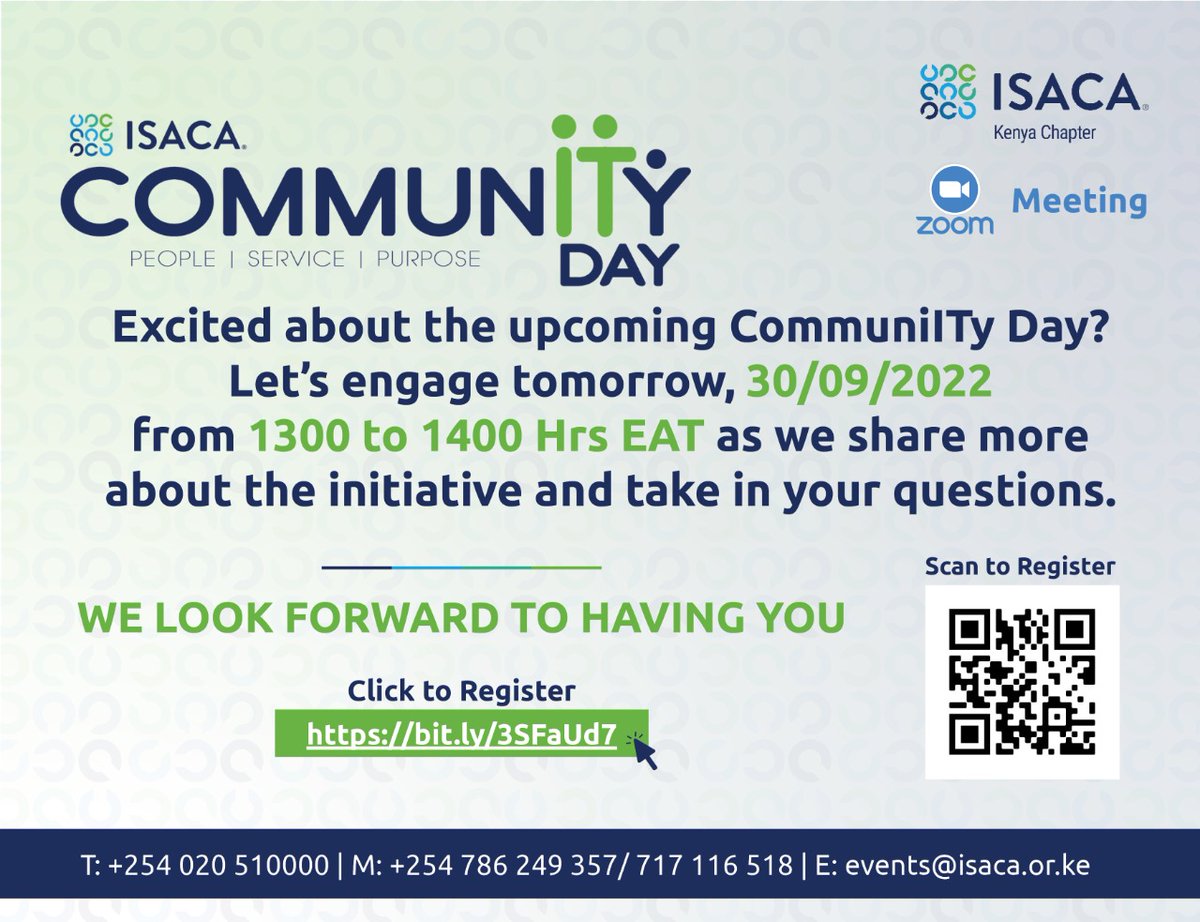 Isaca_kenya's tweet photo. Please join us tomorrow #30th_Sep_2022 between 1300 and 1400 Hrs EAT for a Q&A session with the #Special_Programs_Director, Faith Wawira Nyaga. Faith will answer all your questions regarding the #CommunITy_day including how to claim #CPE_Hours
Link: https://t.co/PSWOtv90PO https://t.co/HqyV1R7I5J