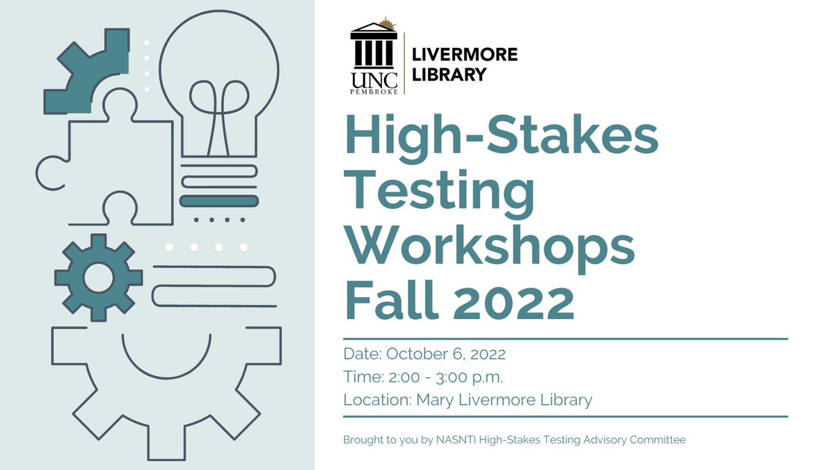 uncplibrary's tweet photo. Join us October 6, 2022, from 2:00 - 3:00 p.m. to learn more about how to use one of the library's online resources for high-stakes testing: LearningExpress Library Complete/PrepSTEP Academic. Event provided by NASNTI High-Stakes Testing Advisory Committee. RSVP via BraveConnect! https://t.co/5JJiwo5s33