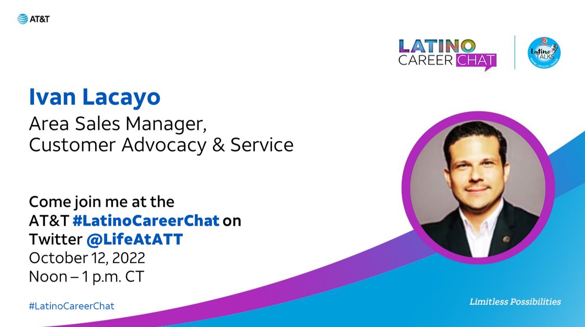 Our #LatinoCareerChat is just two weeks away!

Celebrate #HispanicHeritageMonth with us and join our discussion about limitless possibilities for Latino professionals.

Learn more: go.att.jobs/6017MZwvv.

#LifeAtATT
