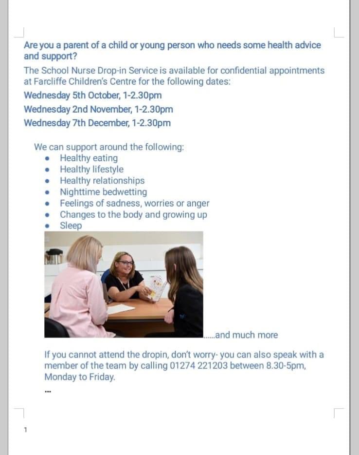 School Nurse Drop In Sessions