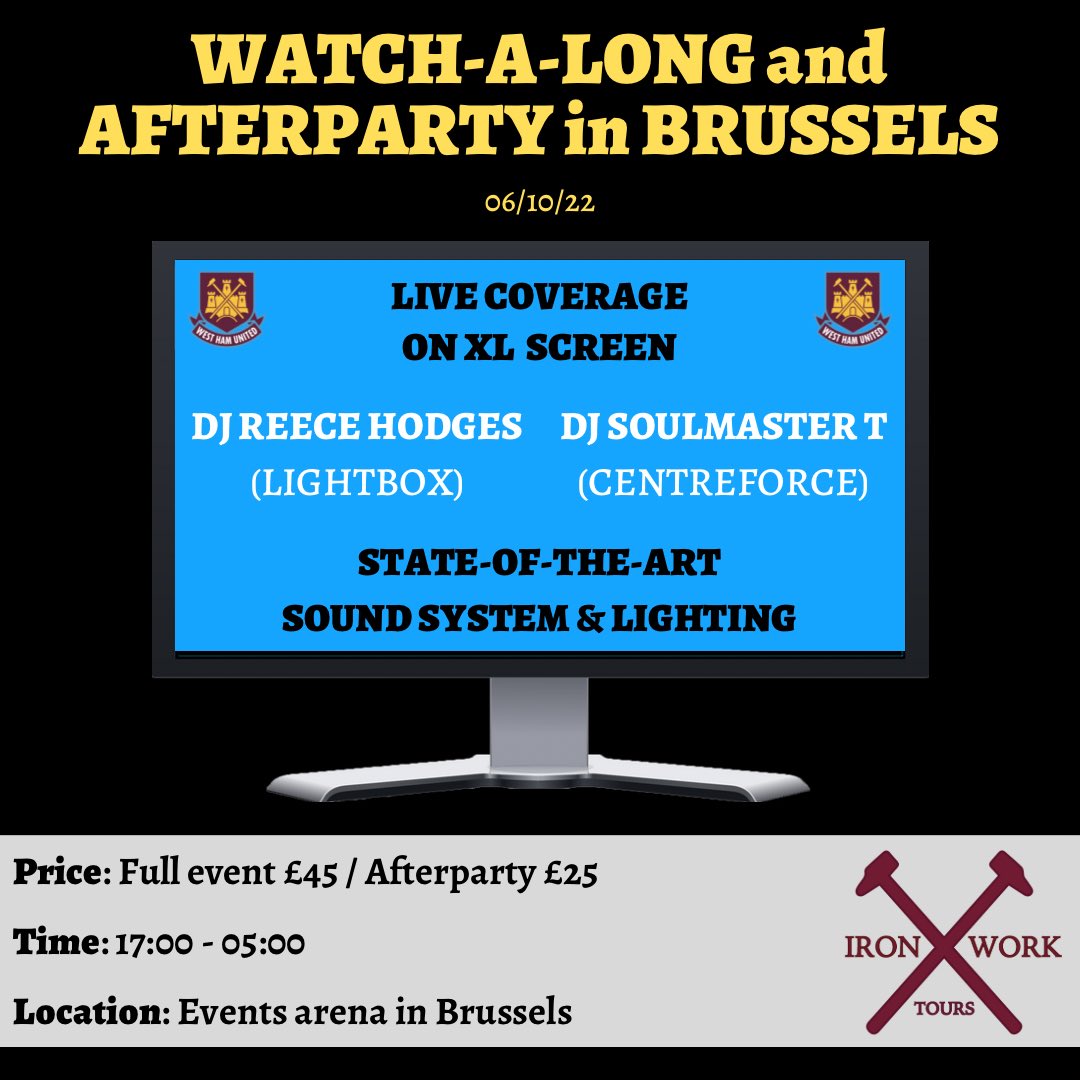 IronworkTours's tweet image. WATCH-A-LONG and AFTERPARTY in BRUSSELS 🇧🇪⚒

West Ham DJs. XL screen. Massive events venue. Under 18’s welcome to the watch-a-long.

DM for enquiries!