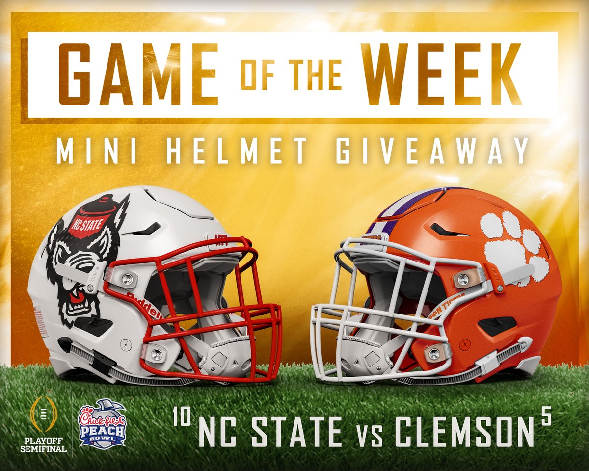 Chick-fil-A Peach Bowl (@cfapeachbowl) on Twitter photo A Top 10 battle for the ACC and a chance to be in the #CFAPeachBowl Semifinal game👀
RT + follow us + reply with which team you're cheering for = a chance to win a <a href="/PackFootball/">NC State Football</a> or <a href="/ClemsonFB/">Clemson Football</a> mini helmet 🔥 A Top 10 battle for the ACC and a chance to be in the #CFAPeachBowl Semifinal game👀
RT + follow us + reply with which team you're cheering for = a chance to win a <a href="/PackFootball/">NC State Football</a> or <a href="/ClemsonFB/">Clemson Football</a> mini helmet 🔥