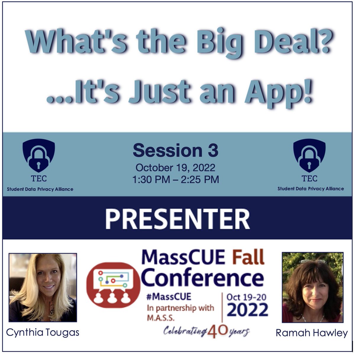 Education_Coop's tweet photo. Join TEC on Wednesday, October 19 @MassCUE for our session, ‘What’s the Big Deal? …It’s Just an App!” #MassCUE @MassCUE @Education_Coop
@SDPConsortium #Studentdataprivacy https://t.co/yl4ZUcm2b9