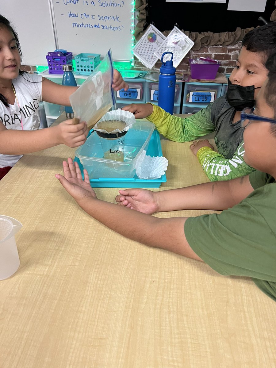 NormaMyer's tweet photo. Separating a mixture of sand and salt. Students agreed they needed to use water to dissolve the salt, then they decided they needed to separate the salt water from the sand. Last step is using evaporation to separate the salt water solution. Great teamwork.  @Henderson405 https://t.co/uoWSZJkrfH