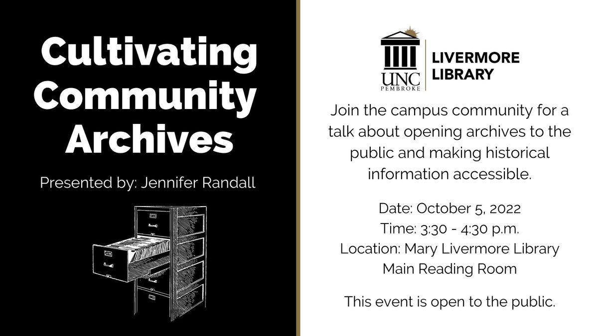 uncplibrary's tweet photo. Jennifer Randall will be presenting at the Mary Livermore Library for #askanarchivistday on Wednesday, October 5, 2022, at 3:30 p.m. Feel free to join the campus community for a talk about opening archives to the public and making historical information accessible. https://t.co/EWnaLBLD6p