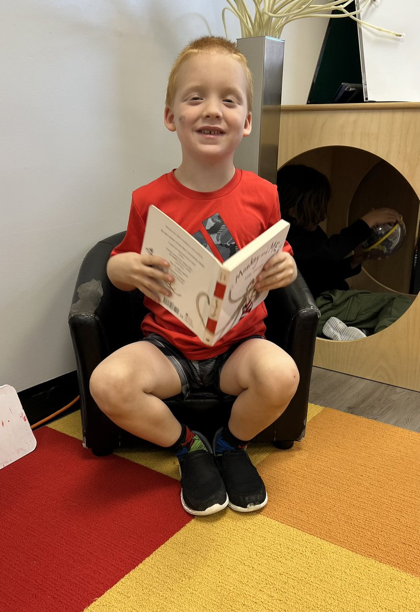 Talon loves books and has a passion for reading ! He entertained us with an enthusiastic reading of Monkey and Me by Emily Gravett. The picture says it all. He was so proud of himself! <a href="/EJSMSchool/">Ecole J S McCormick</a>