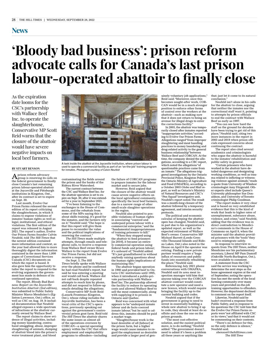 EvolveOPF's tweet photo. @TheHillTimes @LeftHandStu Politics This Morning: "It’s an age-old debate: what’s the best way to reform prisoners and prepare them to reintegrate into society? If 'slaughtering animals repeatedly' wasn’t on your Bingo card, you’re not alone. STUART BENSON has the latest on the govt's inmate-run abattoir." https://t.co/XyRXRhpXOG