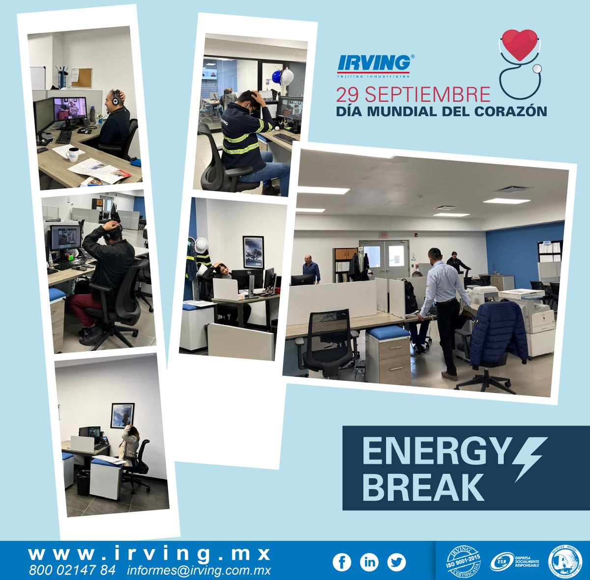 RejillasIRVING's tweet photo. Celebramos el Día Mundial del #Corazón con la rutina #EnergyBreak para mejorar nuestra respiración y ritmo cardiaco. #SomosIRVING #SomosAcero #ResponsabilidadSocial #ESR #EmpresasTrabajandoXti #DíadelCorazón #calidaddevida https://t.co/x7qSM5gm28