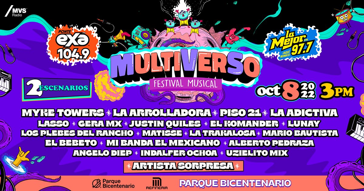 LaMejor's tweet photo. El elenco sigue creciendo para hacer una inolvidable fusión musical en el #FestivalMultiverso 😎🤠este 8 de octubre 🧨🎤 en el Parque Bicentenario ¿Quieres ir?🎶

¡Escucha @ExaFM y @LaMejor y gana tus accesos! https://t.co/oVopBgL4mO
