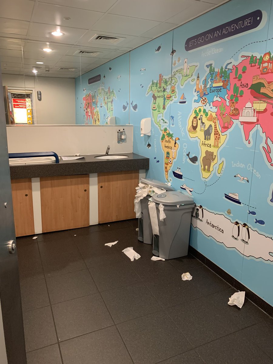 ca100593's tweet photo. @GLA_Airport you may want to send a cleaner to your baby change room in arrivals….filthy! Resorted to changing my wee girl elsewhere. Doesn’t look like it’s been cleaned or had the bins emptied for days! 🤢 https://t.co/SHGOnbJ4r0