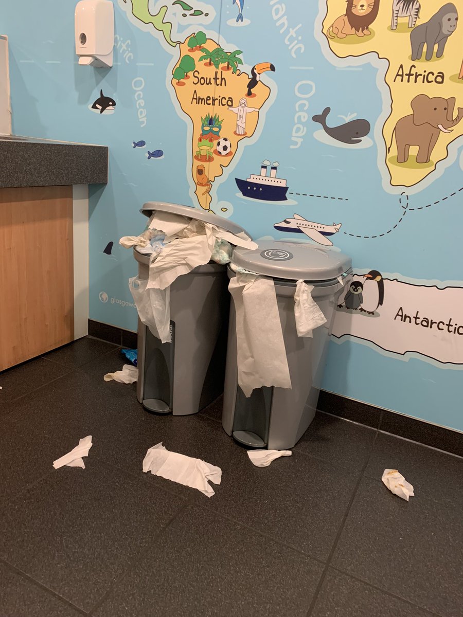 ca100593's tweet photo. @GLA_Airport you may want to send a cleaner to your baby change room in arrivals….filthy! Resorted to changing my wee girl elsewhere. Doesn’t look like it’s been cleaned or had the bins emptied for days! 🤢 https://t.co/SHGOnbJ4r0