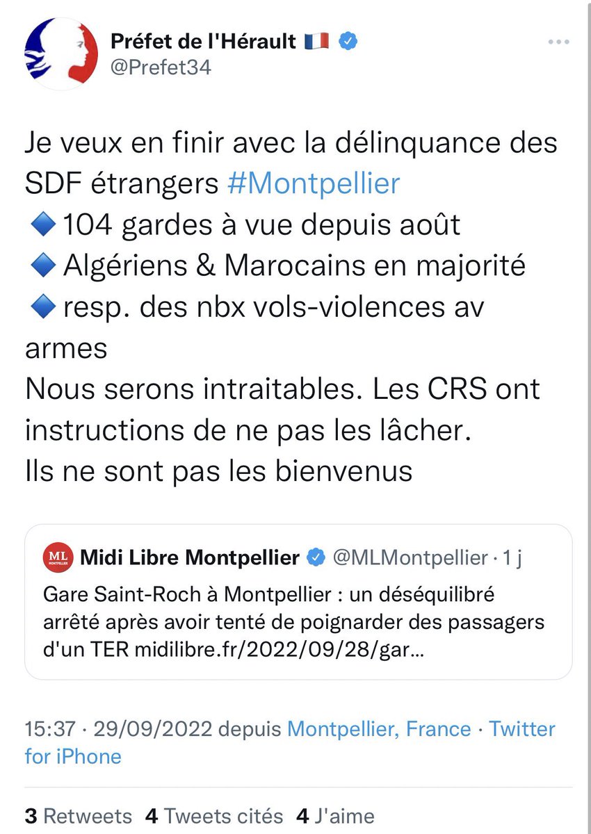 Un peu de racisme d’Etat? ce tweet vous est servi par la préfecture de l’Hérault. Très élégant.