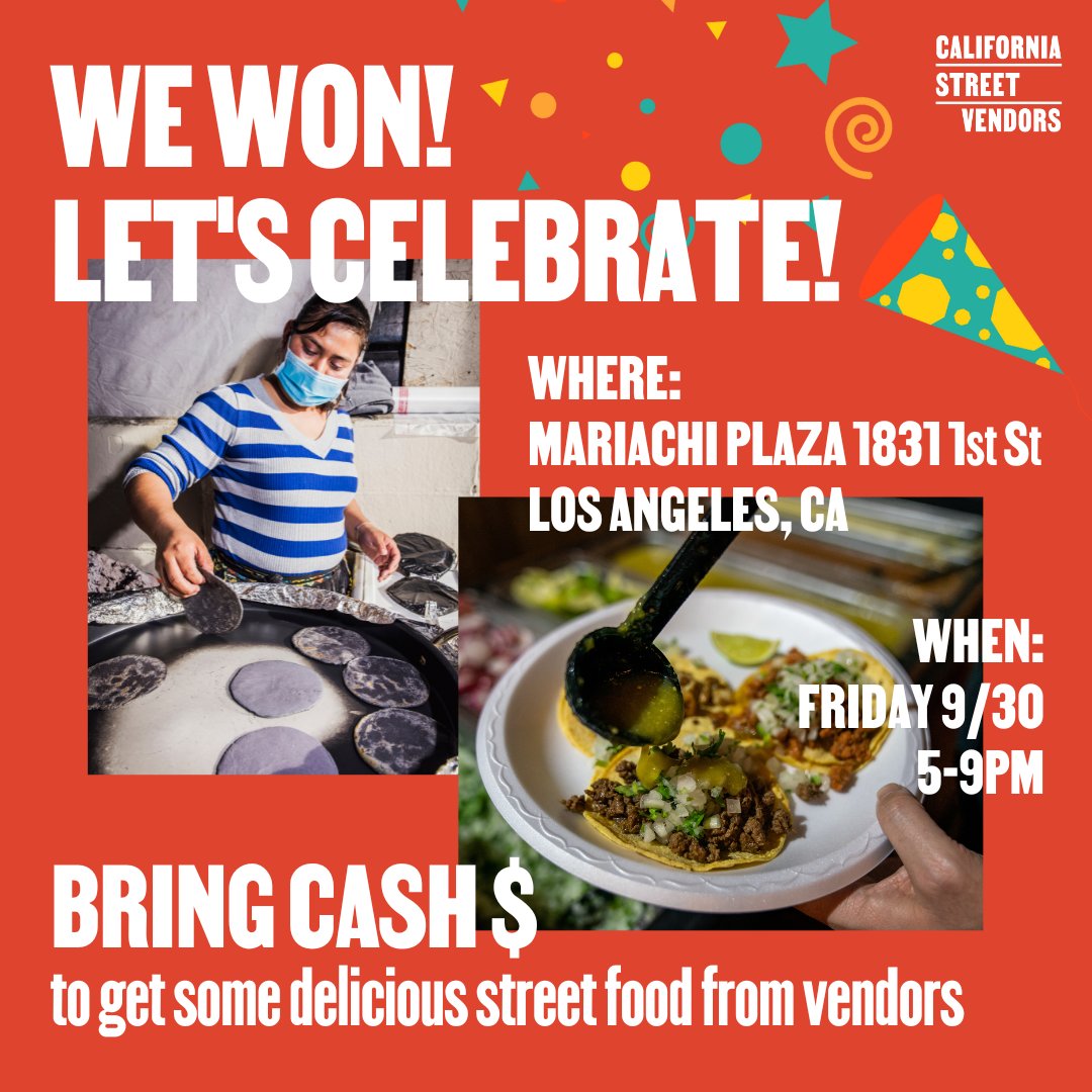 #SB972 passed, and now it's time to celebrate the #CAStreetVendors - who made it happen!

There will be:
Street food for sale 😋 💸
Live music 💃🎤
Beautiful community 🥰

COME HANG! RSVP to our facebook event and join the fun: fb.me/e/3V8IZG1Pt
