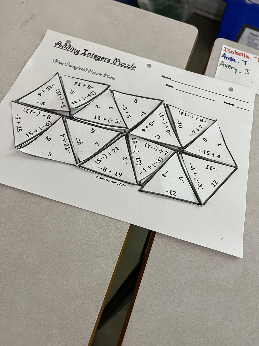 Coles_Math's tweet photo. We completed our first Math Puzzle today! And we have mastered adding integers! @EllenvaleJrHigh https://t.co/tsSnxcz7c4