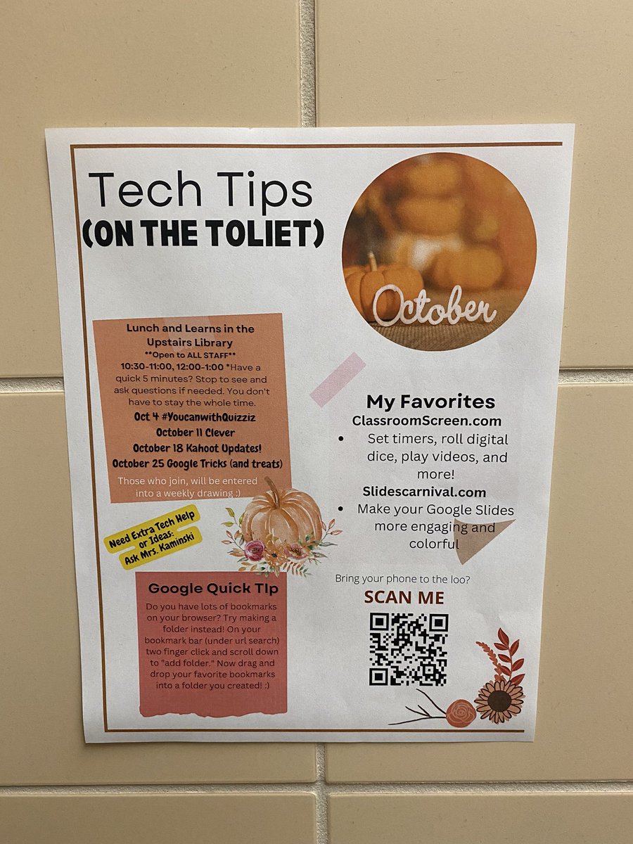 MrsBetken's tweet photo. Love the creative ways our staff finds to get information out to everyone! Great job, @kaminski107! #ToiletTips #LunchandLearn #TechHelp https://t.co/0Xdcf4CTnc