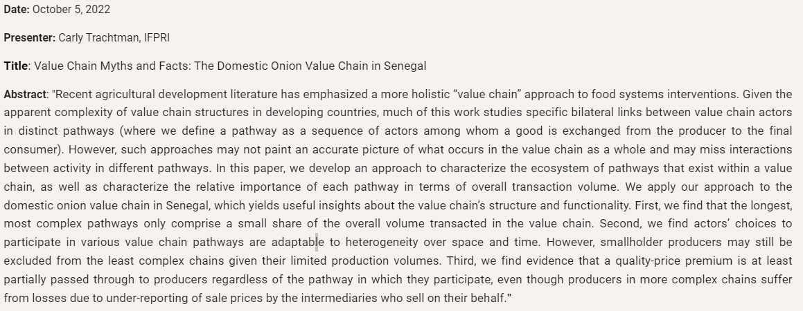 JeffBloem's tweet photo. Thank you to @AureliePHarou for presenting at the #OARES yesterday!

Join us next week, Wednesday, October 5, as we host @CarlyTrachtman who will be presenting new work on the domestic onion value chain in Senegal. 

More information: https://t.co/0HWlSIyA8z https://t.co/GsqoVtnTUG