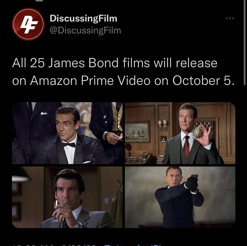 going_streaming's tweet photo. We’ve heard your complaints about our next episode being devoted to James Bond but most of the Bond films not being available on streaming. 

Well, we had dinner with Jeffery Bezos last night and we are now happy to announce. https://t.co/SA8d317o0D