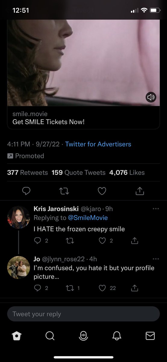 francsais's tweet photo. So I see this tweet showing the trailer for the #SmileMovie  and I just so happens to see the comments under the original tweet and…..💀 https://t.co/zMX6Yv1Vvk