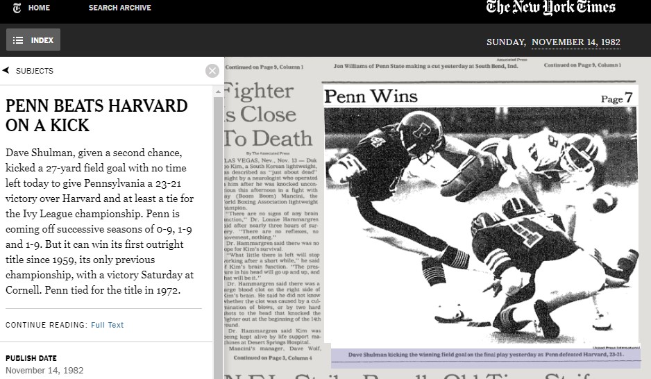 To Penn classes of 1982~1986, here's a chance to relive that glorious afternoon of November 13, 1982, when the Quakers defeated the Crimson to win the Ivy title for the first time since '59....in most dramatic fashion. 
alumni.upenn.edu/s/1587/gid2/16…