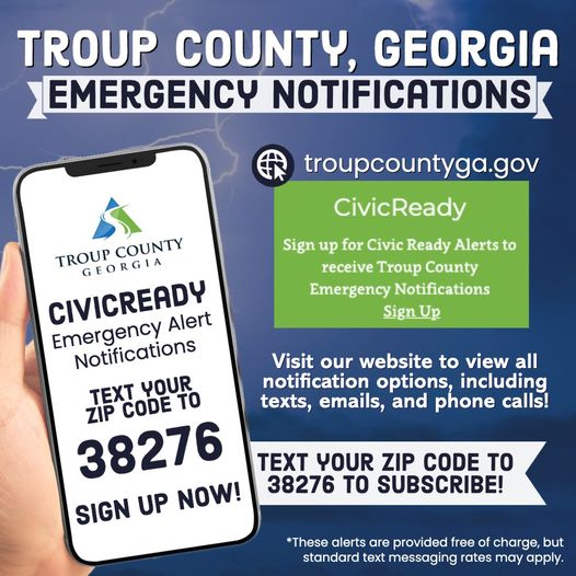 While Hurricane Ian is NOT expected to severely impact Troup County, text your zip code to 38276 to receive emergency alerts via SMS text messages, free of charge, though standard text messaging rates may apply.
To view all options or to sign up, visit: troupcountyga.gov/E911/Notificat…