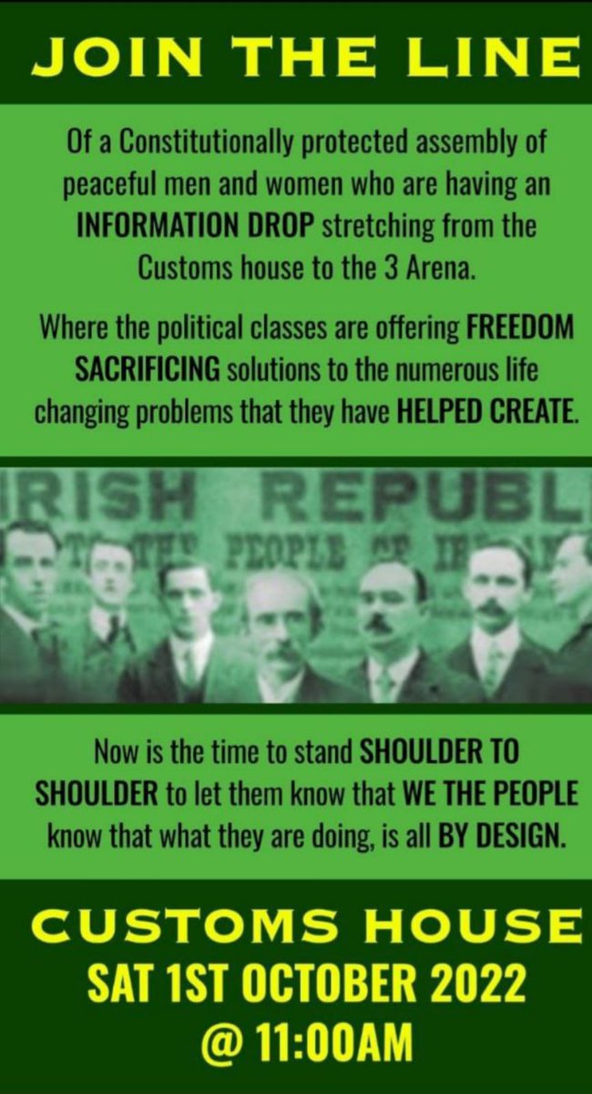 LFJIreland's tweet photo. "JOIN THE LINE"

It is time for people to stand shoulder to shoulder in solidarity against this attack on our inalienable rights and freedoms.

Saturday 1st October @11am Customs House, Dublin

#HoldTheLine #JOINtheLINE https://t.co/ouZhQWhLqf