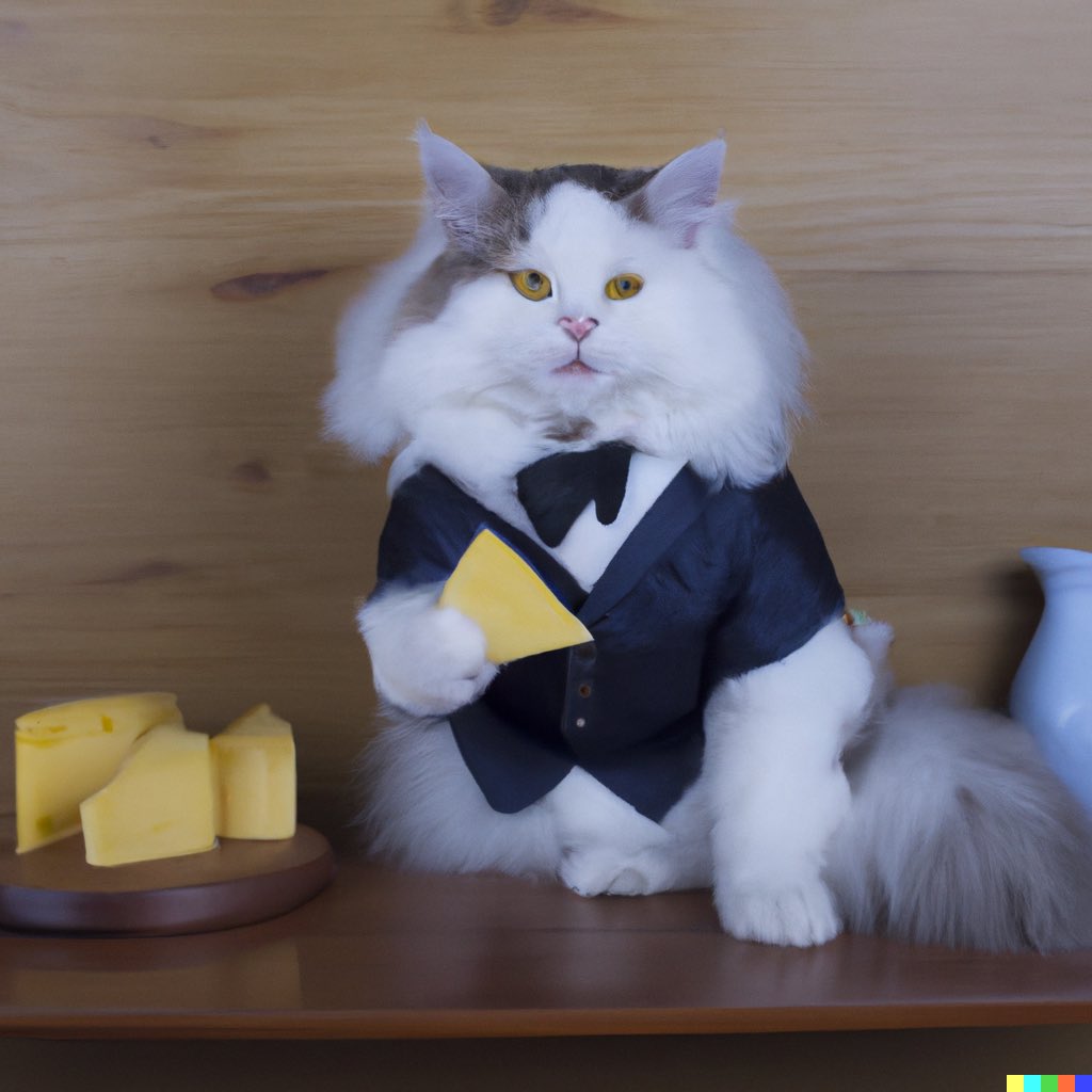 #Dalle is amazing and so much fun to use! My favourite new hobby - until I run out of credits. Latest creation: “Cat in a suit eating cheese” 🤣