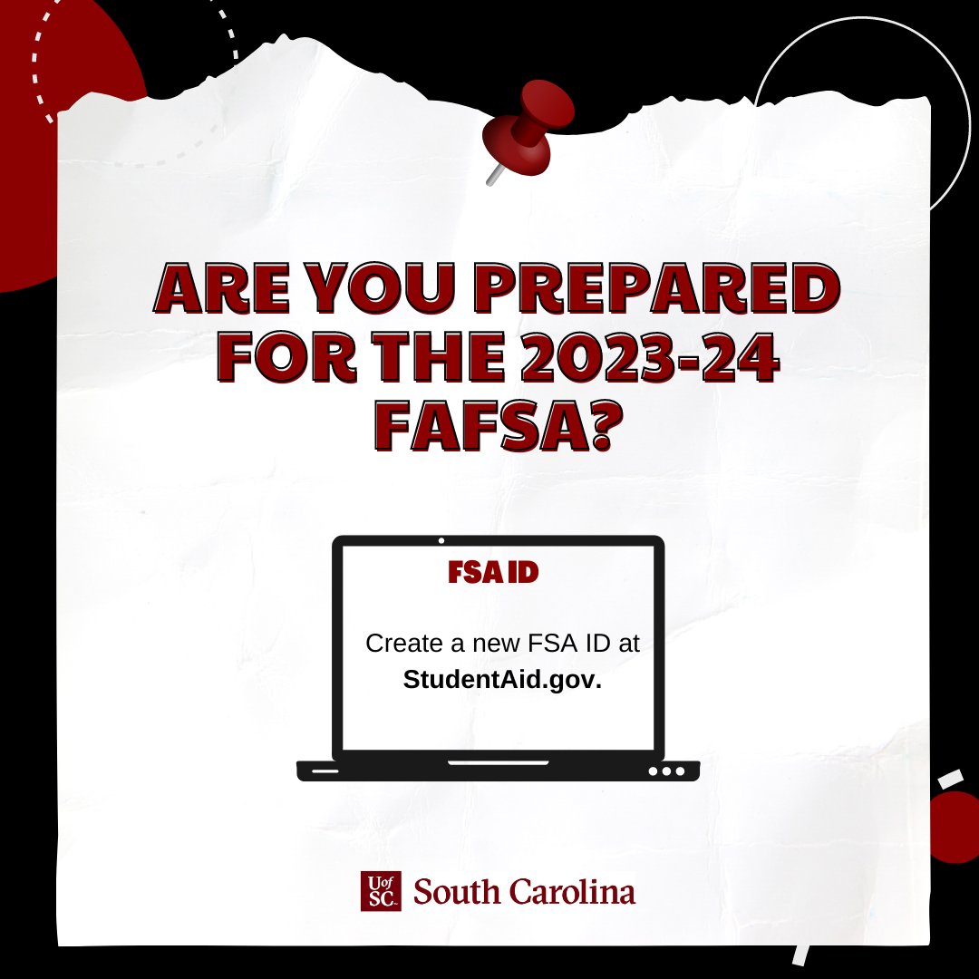 The 2023-24 FAFSA will be available this Saturday, October 1. New students and their parents must create an FSA ID to electronically sign the FAFSA. If you are a parent that already has an FSA ID, you do not need to create a new FSA ID.