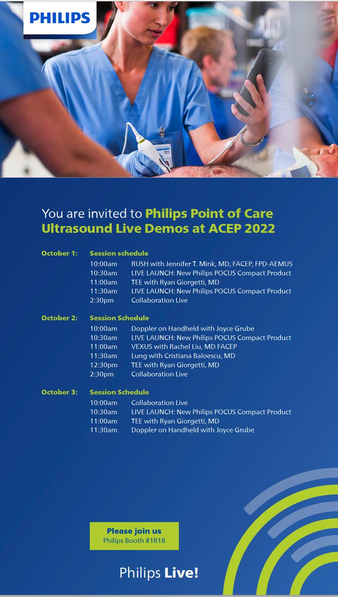 MattPOCUS's tweet photo. Are you attending #ACEP2022? Be sure to head to Philips booth #1818 to attend our live demonstrations showcasing various topics within POCUS. Take a look at the schedule below to find some topics and times that work for you. See you there!
 
#PhilipsPOCUS https://t.co/c5cn2rH7Kv