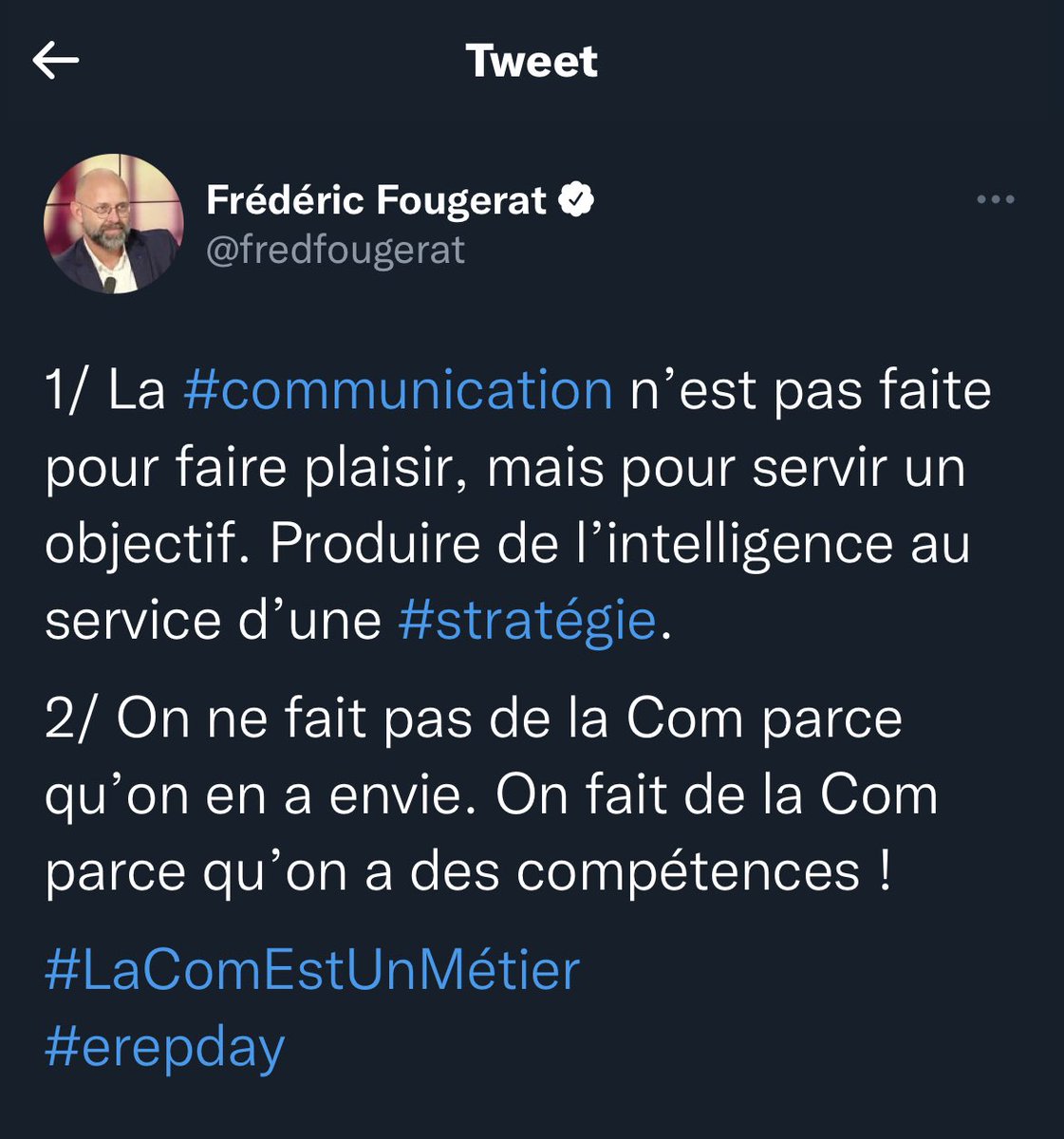pascal_mulegwa's tweet photo. 1/ La #communication n’est pas faite pour faire plaisir, mais pour servir un objectif. Produire de l’intelligence au service d’une #stratégie.
2/ On ne fait pas de la Com parce qu’on en a envie. On fait de la Com parce qu’on a des compétences !
#LaComEstUnMétier
#erepday https://t.co/WKcbnEFq2X