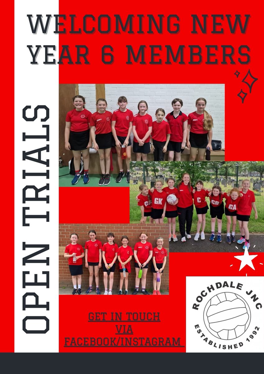RochdaleNetball's tweet photo. Come and join our fantastic club who are looking for new players to join our U11's squad!

Please message our Facebook or Instagram for further details❤️🖤 https://t.co/gO8dTkpOvE