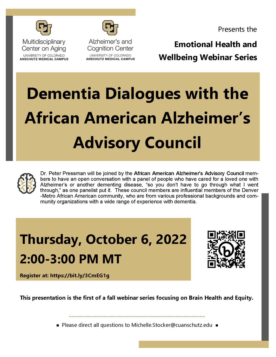 CUAlzheimers's tweet photo. Join us next Thursday, Oct. 6 at 2 pm MT for Dementia Dialogues! This will be a great panel with the African American Alzheimer's Advisory Council and Dr. Peter Pressman to have an open conversation about #dementia. Register at https://t.co/Ckxuy690a7 https://t.co/s74hwkNl22